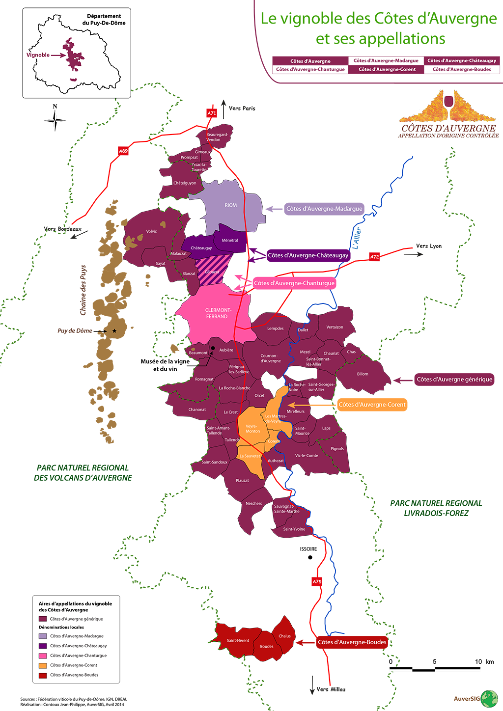 Carte géographique du vignoble Côtes d'Auvergne