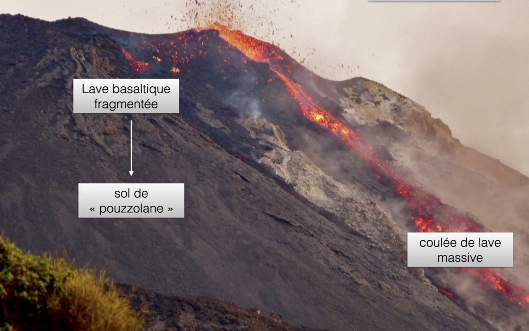 Légende : Éruption volcanique à Stromboli. Un cône de scories se forme au niveau du lieu d’émission de la lave, ainsi qu’une coulée de lave. © Photo: Patrick Marcel